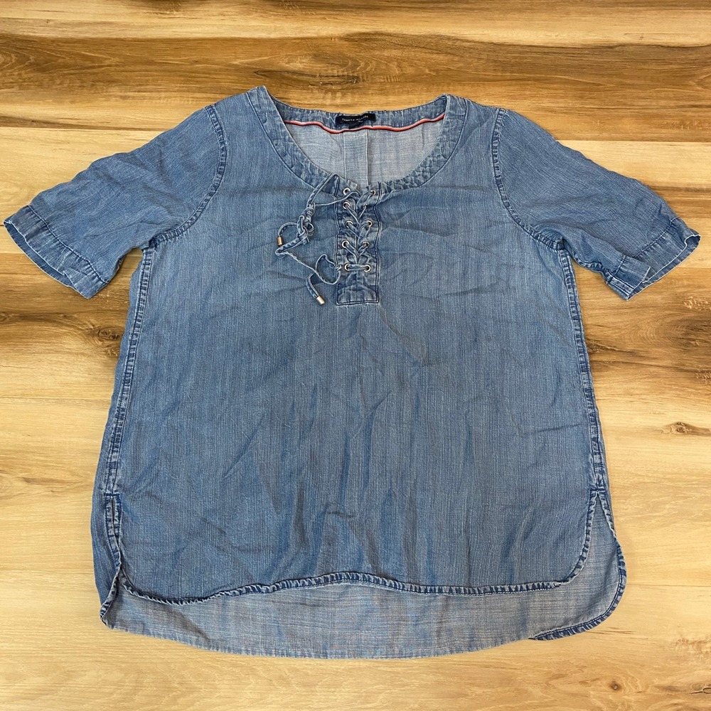 Tommy Hilfiger Denim Tunic Top Womens Medium Lace Up Lyocell